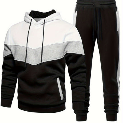 Men's Casual Hooded Sweatshirt And Sweatpants Set, Spring Autumn Winter Fashion, Sporty Pullover Hoodie With Color Block Design, Cozy Jogging Outfits, Athletic Track Suit HEBDO STORE