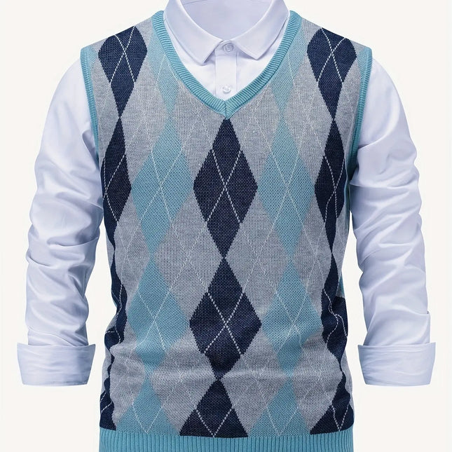 Men'S Casual Argyle Pattern Knit Vest, Polyester Blend, V-Neck, Rib-Knit Sleeveless Pullover, Regular Fit, Geometric-Pattern Knitted Fabric, with Long Sleeve Shirt, for All-Season Top HEBDO