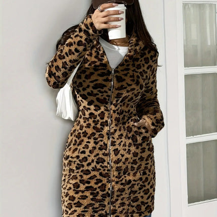 Women'S Casual Leopard Print Zipper Hooded Flannel Coat HEBDO