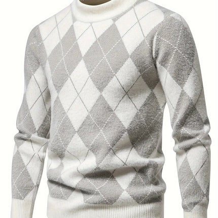 1pc SENMEIGUO Men'S Casual Geometric-Pattern Knit Sweater - High Neck, Long Sleeve, Skinny Fit, Slight Stretch Knitted Fabric Top for Fall/Winter HEBDO