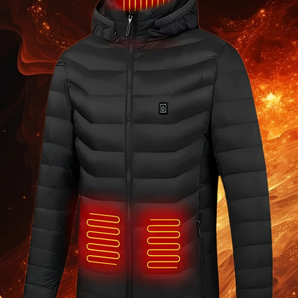 Men's Solid Color Heating with 9 Heating Areas, Long Sleeve Zipper Hooded Jacket, Suitable for Winter Outdoor Activities, Does Not Include Power Bank HEBDO STORE