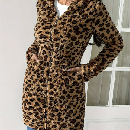 Women'S Casual Leopard Print Zipper Hooded Flannel Coat HEBDO