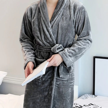 Luxurious Plush Fleece Bathrobe - Thick, Warm Long Sleeve Loungewear with V-Neck and Tie Belt - Solid Color, Machine Washable for Cozy Autumn/Winter Comfort HEBDO