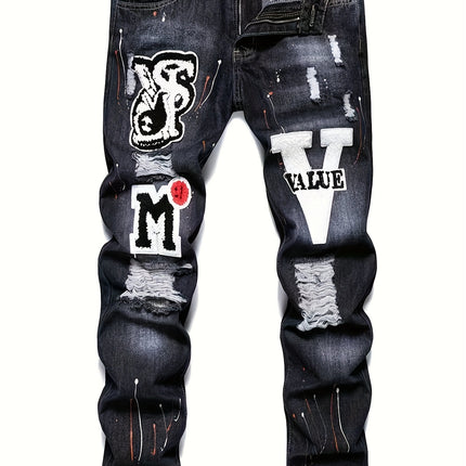 Men's M Embroidery Graphic Print Ripped Denim Pants With Pockets, Causal Cotton Blend Jeans For Outdoor Activities HEBDO STORE