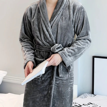 Luxurious Plush Fleece Bathrobe - Thick, Warm Long Sleeve Loungewear with V-Neck and Tie Belt - Solid Color, Machine Washable for Cozy Autumn/Winter Comfort HEBDO