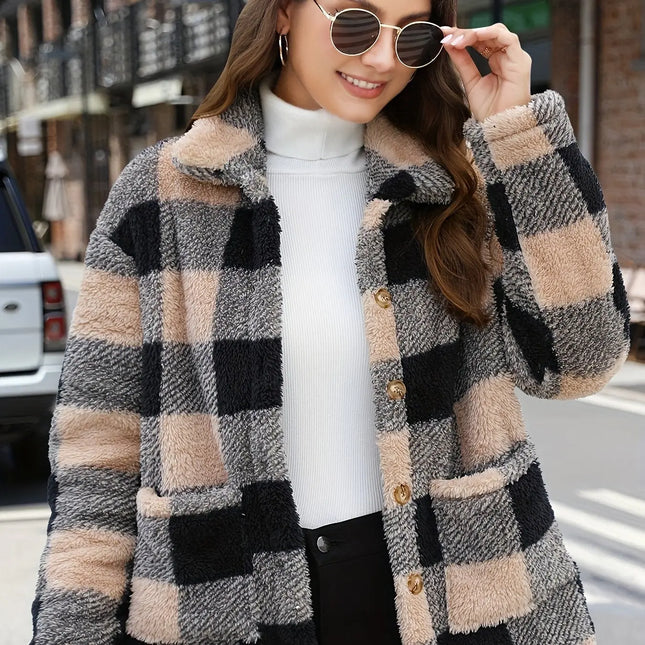 Plaid Print Patched Pockets Teddy Coat, Versatile Long Sleeve Single Breasted Winter Outwear, Women's Clothing HEBDO