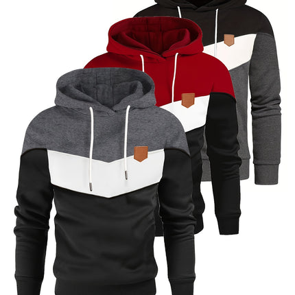 Men's 3pcs Color Block Hoodie Set - Casual & Sporty, Fleece-Lined Pullover with Kangaroo Pocket, Long Sleeve, Drawstring Hooded Sweatshirt, and Joggers - Polyester Blend, Machine Washable - Perfect for Fall/Winter HEBDO STORE