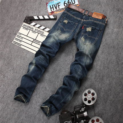 Ripped Trendy Men's Jeans Straight Leg Slim Fit Personality HEBDO STORE