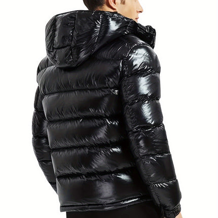 Men's Shiny Polyester Hooded Down Jacket - Casual Style, Warm Duck Down Filling, Hand Washable, Zipper Detail HEBDO STORE