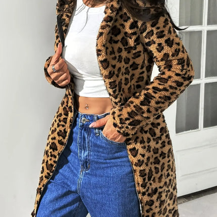 Women'S Casual Leopard Print Zipper Hooded Flannel Coat HEBDO