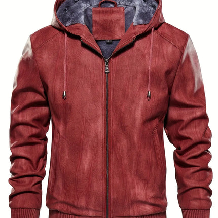 Thick Windproof Waterproof Men's Solid Color PU Leather Hooded Jacket for Spring Autumn HEBDO