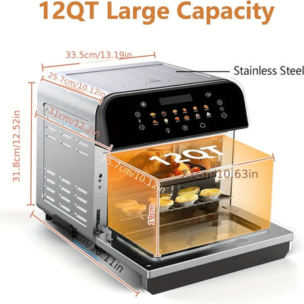 1pc MOREBEAUTY 12.5QT Electric Countertop Oven with Digital Touch Screen, Stainless Steel Rotisserie & Baking, 1700W, 110-130V, US Plug, Includes Crisper Tray, Drip Tray, Wire Rack, Fetch Tool, Skewer Racks, Rotisserie Shaft HEBDO