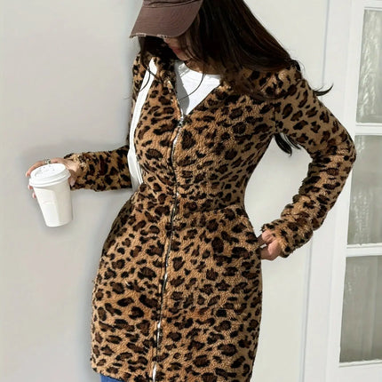 Women'S Casual Leopard Print Zipper Hooded Flannel Coat HEBDO