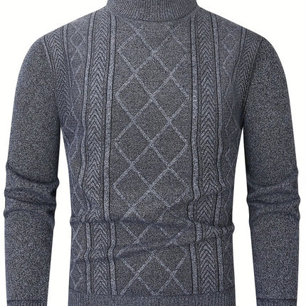 Men'S Casual Geometric-Pattern Knit Pullover Sweater, Polyester, Regular Fit, Long Sleeve, with Rib-Knit Collar, Slight Stretch Fabric, for Fall/Winter Collection, Thick HEBDO