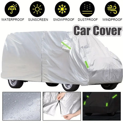 Waterproof Car Cover for Volkswagen T3/T4/T5/T6, Polyester All-Season Protection, UV and Dust Shield with Reflective Strips, Side Zipper and Tire Buckle, Windproof and Snowproof Outdoor Vehicle Cover HEBDO