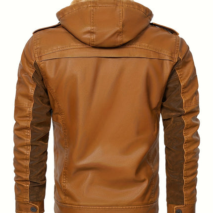 Men's Fleece-Lined Hooded PU Leather Jacket, For Motorcycle Winter Classic Style, Warm Outerwear HEBDO STORE