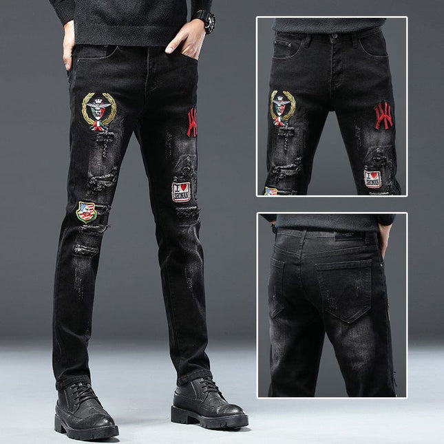 High-End Embroidered Ripped Slim-Fit Jeans HEBDO STORE