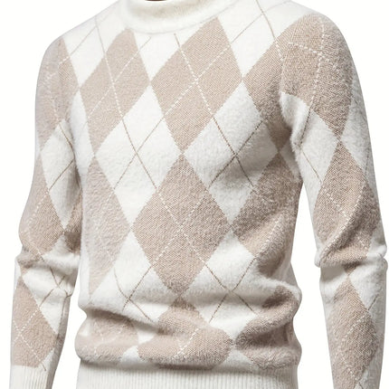 1pc SENMEIGUO Men'S Casual Geometric-Pattern Knit Sweater - High Neck, Long Sleeve, Skinny Fit, Slight Stretch Knitted Fabric Top for Fall/Winter HEBDO