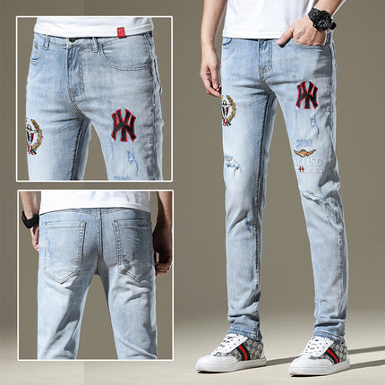 High-End Embroidered Ripped Slim-Fit Jeans HEBDO STORE