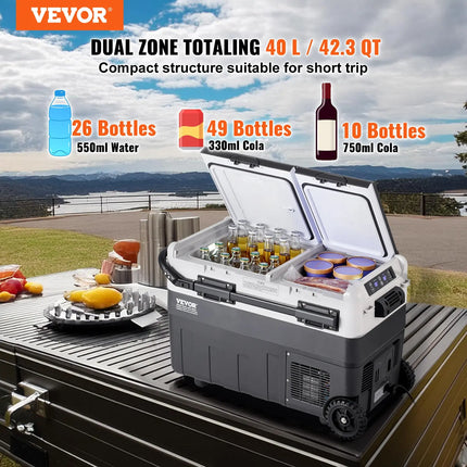 VEVOR 10.57gal Dual Zone Portable Car Refrigerator, 12V/110V Fridge with Adjustable Temperature, Semiconductor Cooler, Polypropylene Construction, with US Plug, for Outdoor, Camping, RV HEBDO