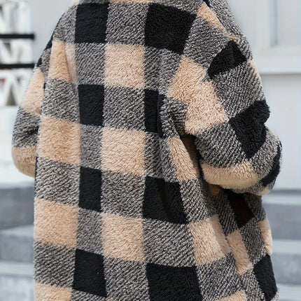 Plaid Print Patched Pockets Teddy Coat, Versatile Long Sleeve Single Breasted Winter Outwear, Women's Clothing HEBDO