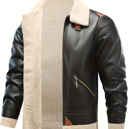 Men's Casual PU Leather Shearling Jacket With Turn-Down Collar, Long Sleeves, Zipper Pockets, Ideal For Fall, Spring, And Winter HEBDO STORE