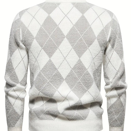 1pc SENMEIGUO Men'S Casual Geometric-Pattern Knit Sweater - High Neck, Long Sleeve, Skinny Fit, Slight Stretch Knitted Fabric Top for Fall/Winter HEBDO