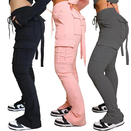 Cargo Pants With Pockets High Waist Drawstring Wide Leg Straight Trousers For Women Overalls - Image #8