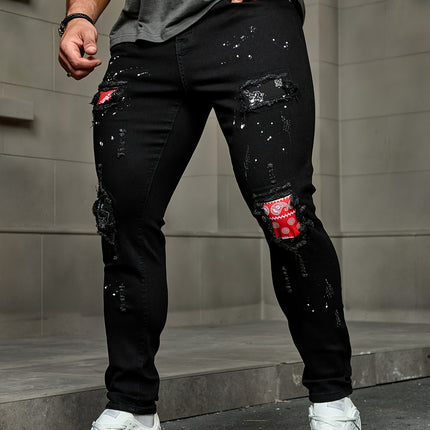 Men's Casual Slim Fit Jeans, Distressed Ripped Style With Patches Design, Street Style Pants HEBDO STORE