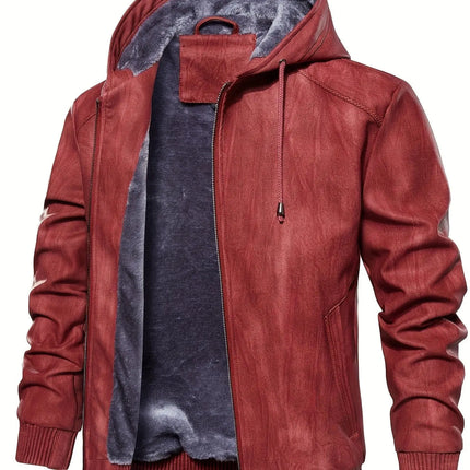 Thick Windproof Waterproof Men's Solid Color PU Leather Hooded Jacket for Spring Autumn HEBDO