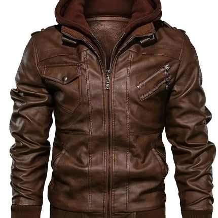 1pc Men'S Casual Faux Leather Jacket with Hood, Fashion Multi-Pocket Zip-Up Coat, Regular Fit, Solid Color, Polyester Lining, Woven Fabric - [Pearson OBM] HEBDO