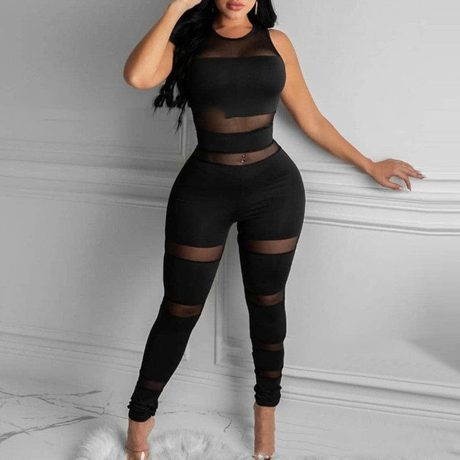 Women's New Arrival Black Mesh Stitching Jumpsuit HEBDO STORE