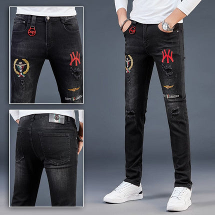 High-End Embroidered Ripped Slim-Fit Jeans HEBDO STORE