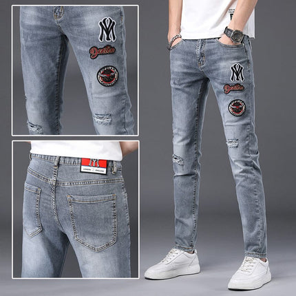 High-End Embroidered Ripped Slim-Fit Jeans HEBDO STORE