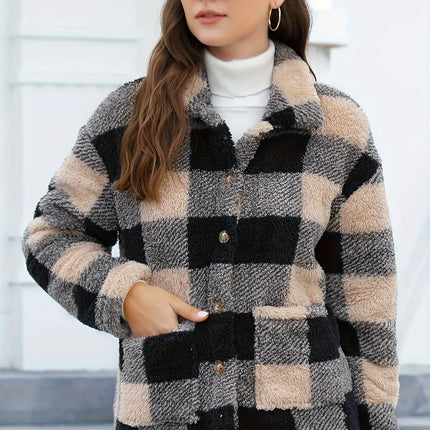 Plaid Print Patched Pockets Teddy Coat, Versatile Long Sleeve Single Breasted Winter Outwear, Women's Clothing HEBDO