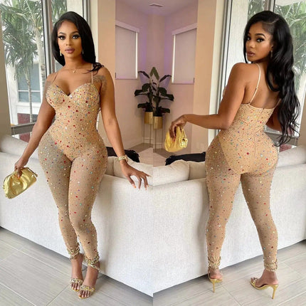 Women's Pure Color Mesh Rhinestone Pants Jumpsuit - Image #5