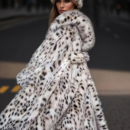 Winter Thermal Long Sleeve Leopard Pattern Faux Fur Midi Coat, Stylish Open Front Hoodie for Women HEBDO