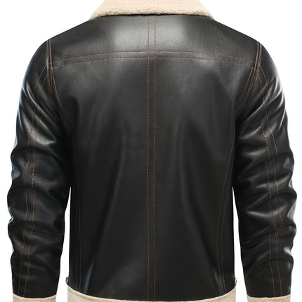 Men's Casual PU Leather Shearling Jacket With Turn-Down Collar, Long Sleeves, Zipper Pockets, Ideal For Fall, Spring, And Winter HEBDO STORE