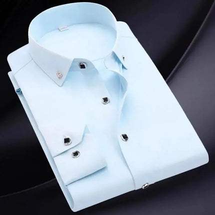 Men's Button-down Shirt Long Sleeve Casual Formal Business Dress Shirts Pocket-less Solid Color Blue White Tops Korean Slim Fit - Premium  from FRANTZDOL STORE  - Just $35! Shop now at FRANTZDOL STORE 