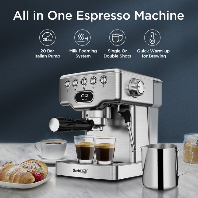 Geek Chef Espresso Machine, 20 Bar Espresso Machine With Milk Frother For Latte, Cappuccino, Macchiato, For Home Espresso Maker, 1.8L Water Tank, Stainless Steel, Ban On Amazon HEBDO STORE