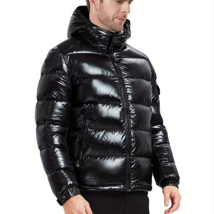 Men's Shiny Polyester Hooded Down Jacket - Casual Style, Warm Duck Down Filling, Hand Washable, Zipper Detail HEBDO STORE