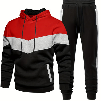 Men's Casual Hooded Sweatshirt And Sweatpants Set, Spring Autumn Winter Fashion, Sporty Pullover Hoodie With Color Block Design, Cozy Jogging Outfits, Athletic Track Suit HEBDO STORE