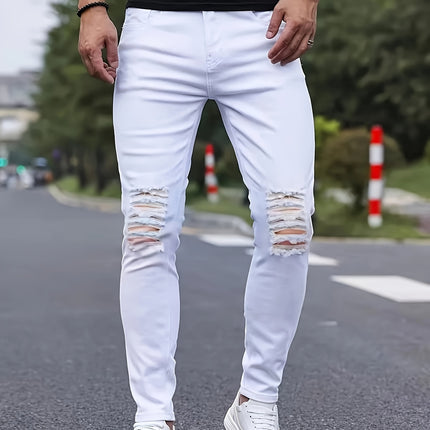 Stylish Men's Ripped Distressed Jeans - Chic Street Style Slim Fit Bottoms with Solid Cotton Blend Fabric, Comfortable Wear for All Seasons, Versatile and Fashionable HEBDO STORE