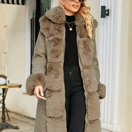 Women'S Elegant Faux Fur Coat, Solid Color Knit Fabric with Belt Detail, Polyester 65% Viscose 35% Lining, Warm Casual Versatile Fall/Winter Outerwear HEBDO