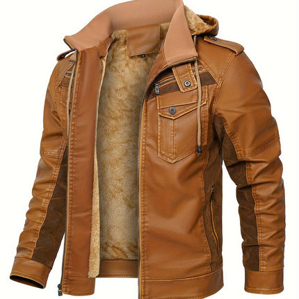 Men's Fleece-Lined Hooded PU Leather Jacket, For Motorcycle Winter Classic Style, Warm Outerwear HEBDO STORE