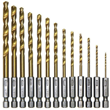 Wind batch hex shank twist drill bit titanium plated 6.35 handle 10PC/13PC set / high speed steel HEBDO STORE