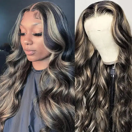 13x6 Highlight Ombre Lace Front Wig Human Hair #1b27 Balayage Body Wave HD Lace Frontal Wigs Black and Blonde Highlight Wavy Wig - Image #1