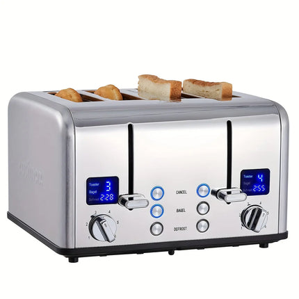 4 Slice Stainless Steel Cusimax Toaster with Ultra-Clear LED Display, Dual Control Panels of 6 Shade Settings & Extra Wide Slots, Cancel/Bagel/Defrost Function, Removable Crumb Trays HEBDO