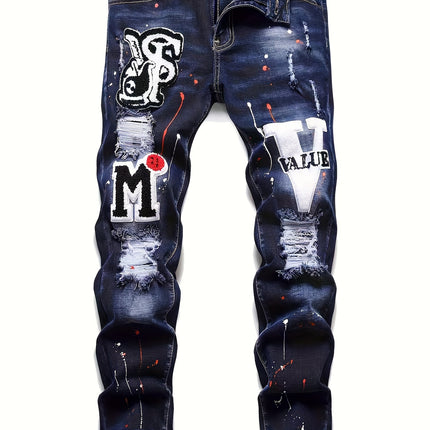 Men's M Embroidery Graphic Print Ripped Denim Pants With Pockets, Causal Cotton Blend Jeans For Outdoor Activities HEBDO STORE