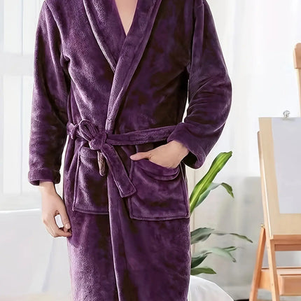 Luxurious Plush Fleece Bathrobe - Thick, Warm Long Sleeve Loungewear with V-Neck and Tie Belt - Solid Color, Machine Washable for Cozy Autumn/Winter Comfort HEBDO